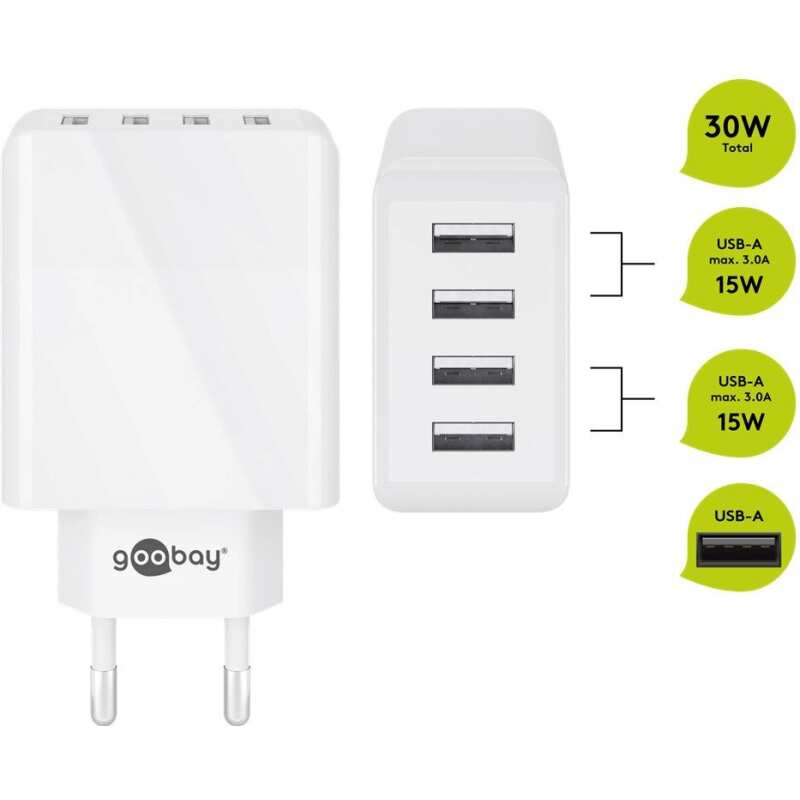 Goobay 230V 4 x USB lader 30W / 3A - Bilde 2